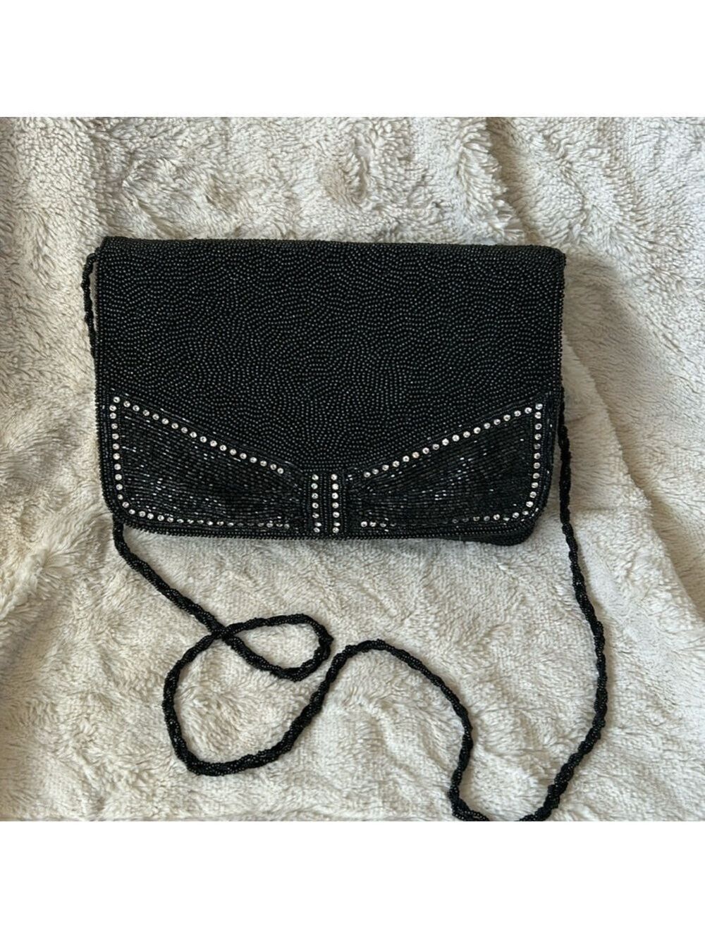 Vintage black glass beaded evening bag with bow
